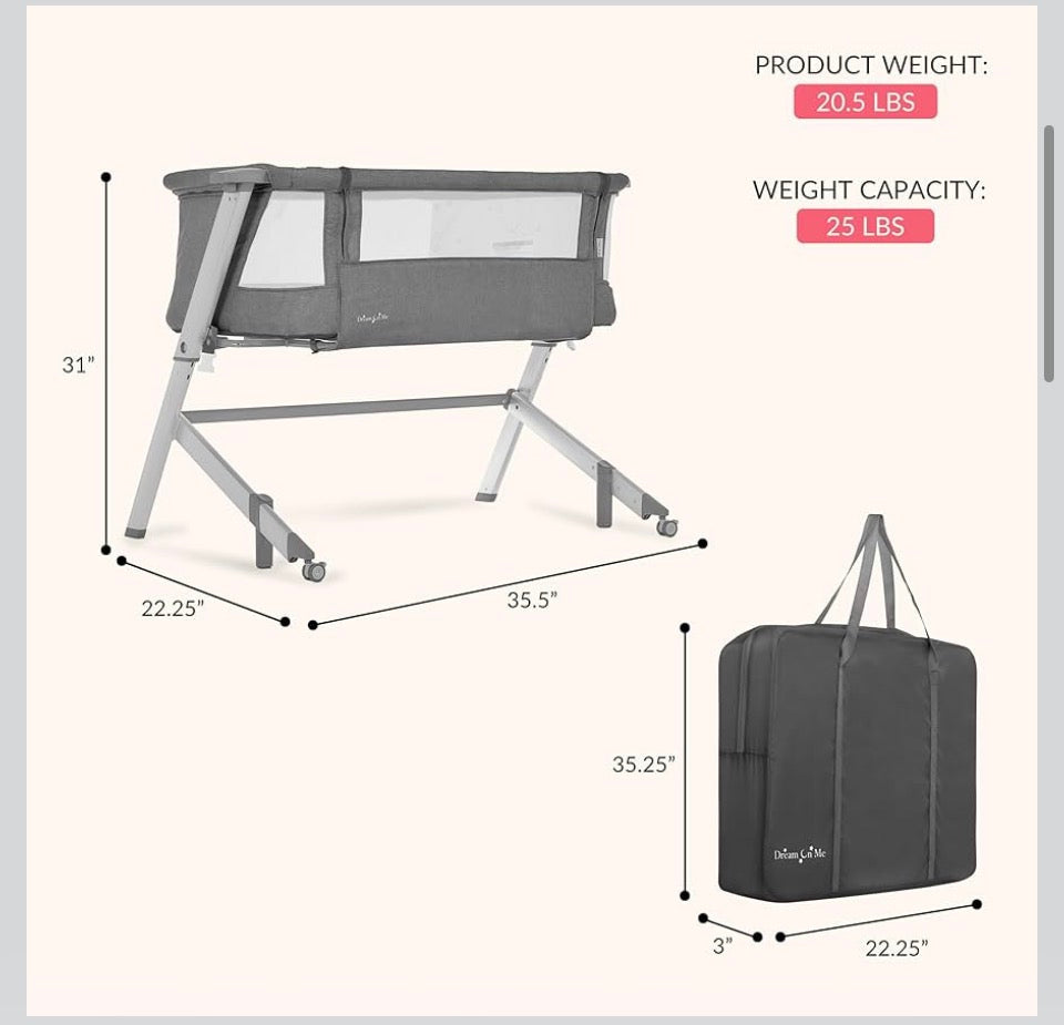 Dream On Me Skylar Bassinet & Bedside Sleeper, Adjustable Height, Grey